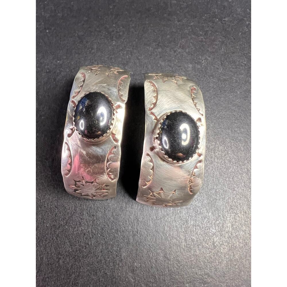 Vintage Sterling Silver Hematite Wide Band Post Earrings Southwestern Handmade